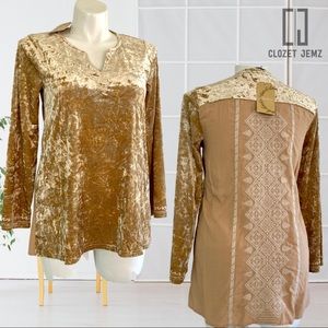 NWT (S) Andrée by UNIT Gold Velvet Top with Embroidered Back